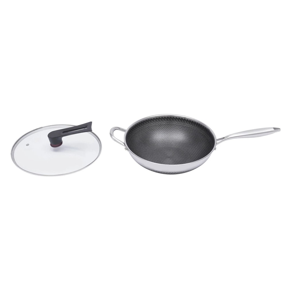 Premium Non Stick Stainless Steel Wok Pan With Lid Double Sided Honeycomb Cookware For Even Heat E 8