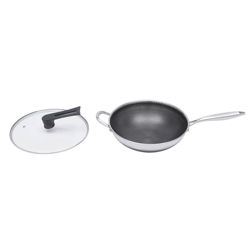 Premium Non Stick Stainless Steel Wok Pan With Lid Double Sided Honeycomb Cookware For Even Heat E 8