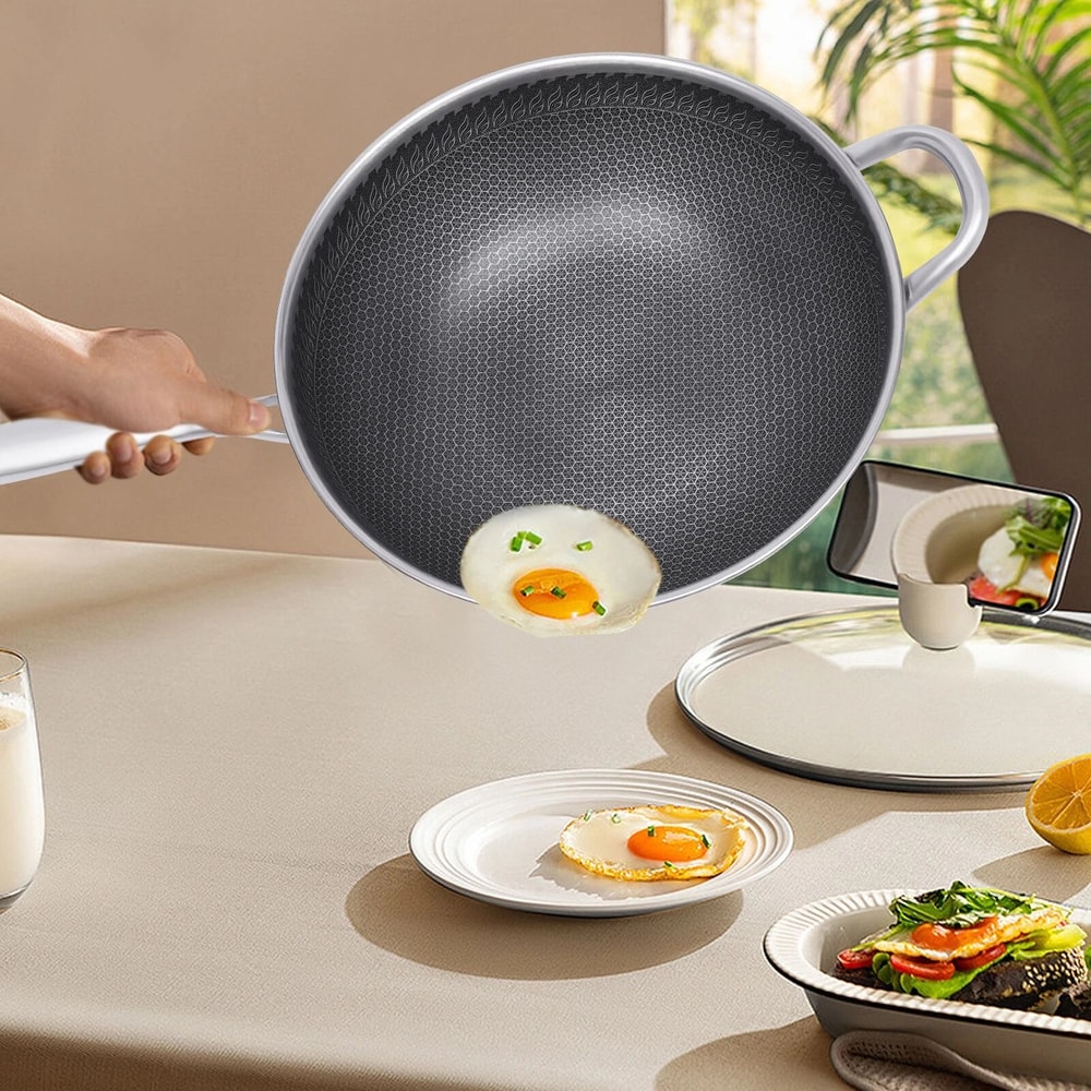 Premium Non Stick Stainless Steel Wok Pan With Lid Double Sided Honeycomb Cookware For Even Heat E 15