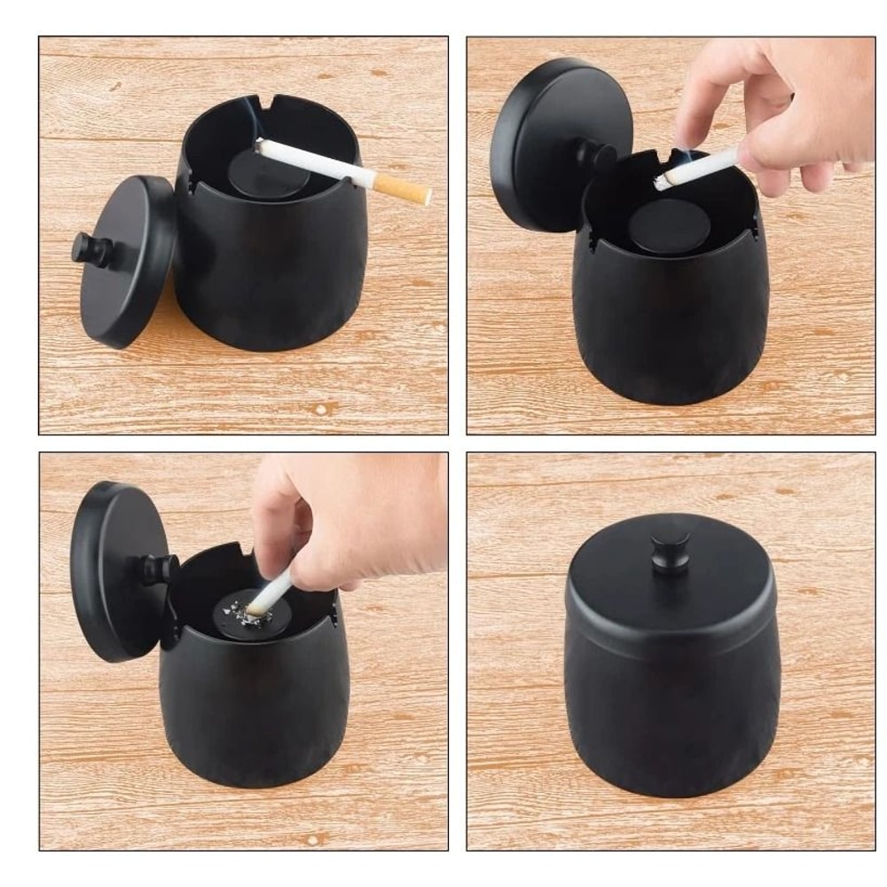 Windproof Ashtray With Lid Stainless Steel Smokeless Indoor Outdoor Cigarette Ash Tray 5
