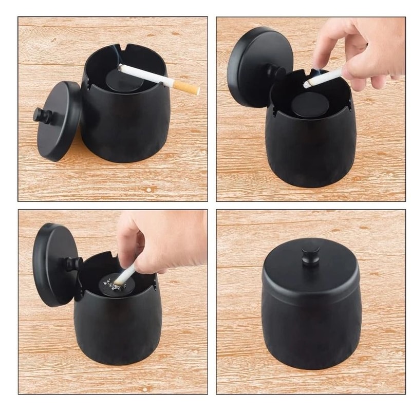 Windproof Ashtray With Lid Stainless Steel Smokeless Indoor Outdoor Cigarette Ash Tray 5
