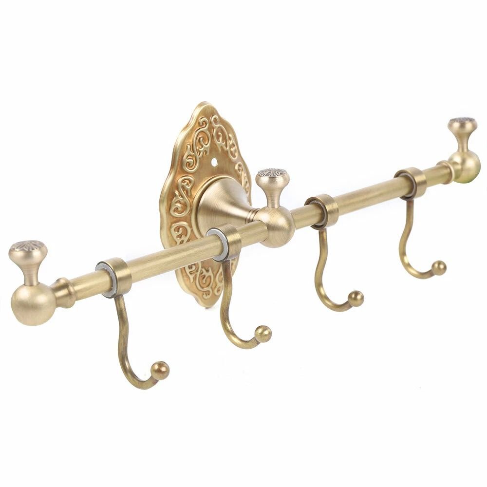 Vintage Brass Wall Mounted Towel Shelf With 4 Hooks For Bathroom Storage 7