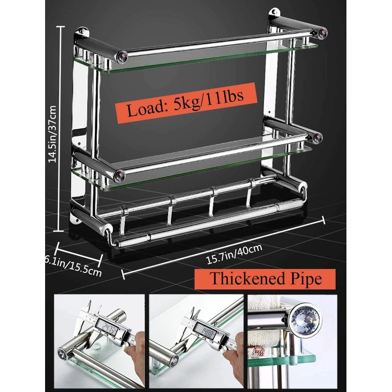 Stainless Steel Wall Mounted Glass Bathroom Shelf With Towel Hanger 9
