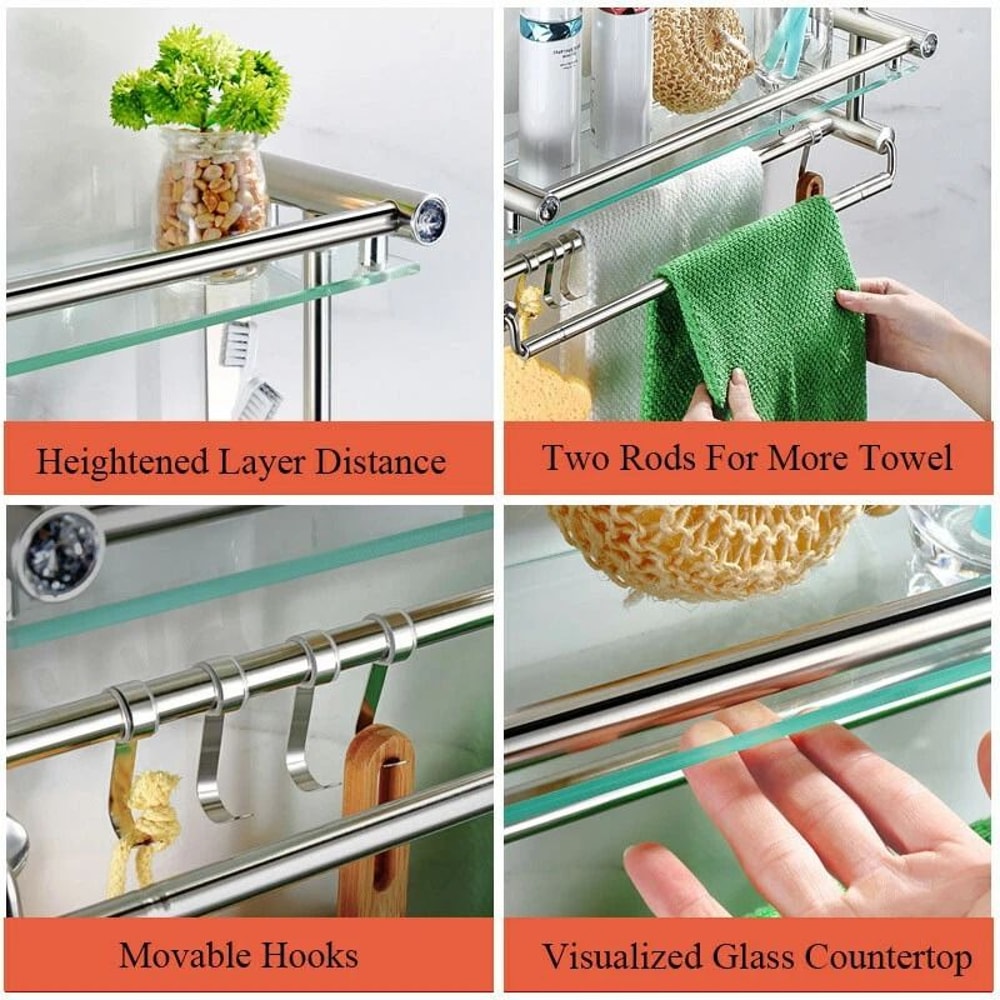 Stainless Steel Wall Mounted Glass Bathroom Shelf With Towel Hanger 8