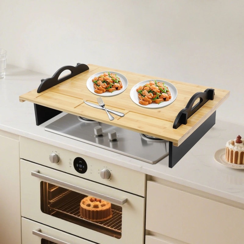 Bamboo Stove Top Cover Board With Handles For Gas And Electric Stoves 0