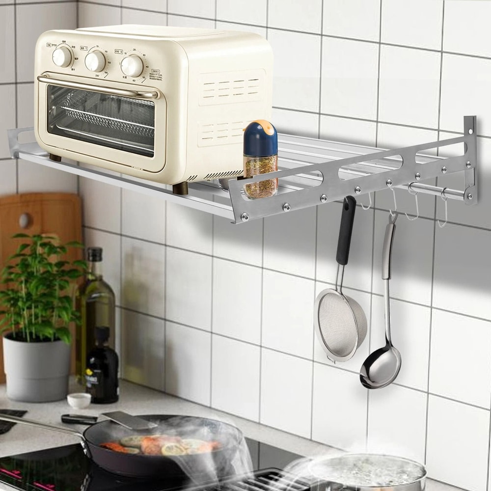 Wall Mount Microwave Shelf Stainless Steel Kitchen Storage Rack With 12 Hooks 10