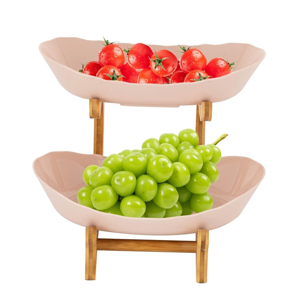 Modern 2 Tier Bamboo Fruit Bowl Stand With Removable PP Bowls Kitchen Counter Storage Fruit Basket 1