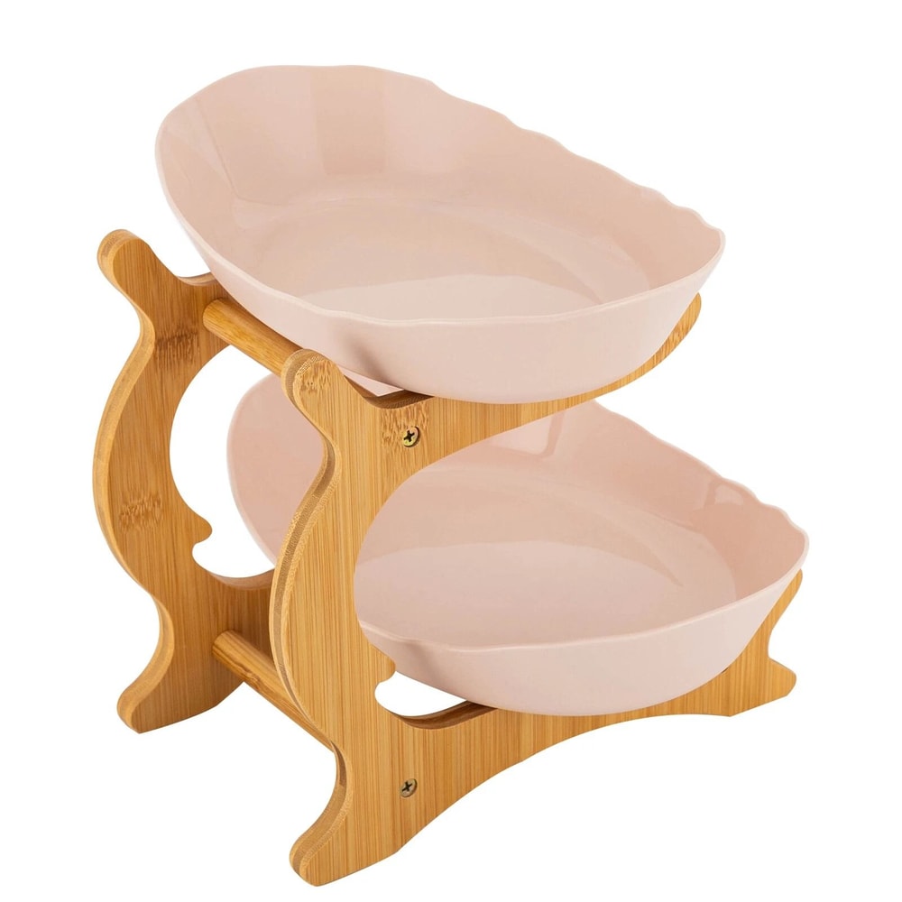 Modern 2 Tier Bamboo Fruit Bowl Stand With Removable PP Bowls Kitchen Counter Storage Fruit Basket 9