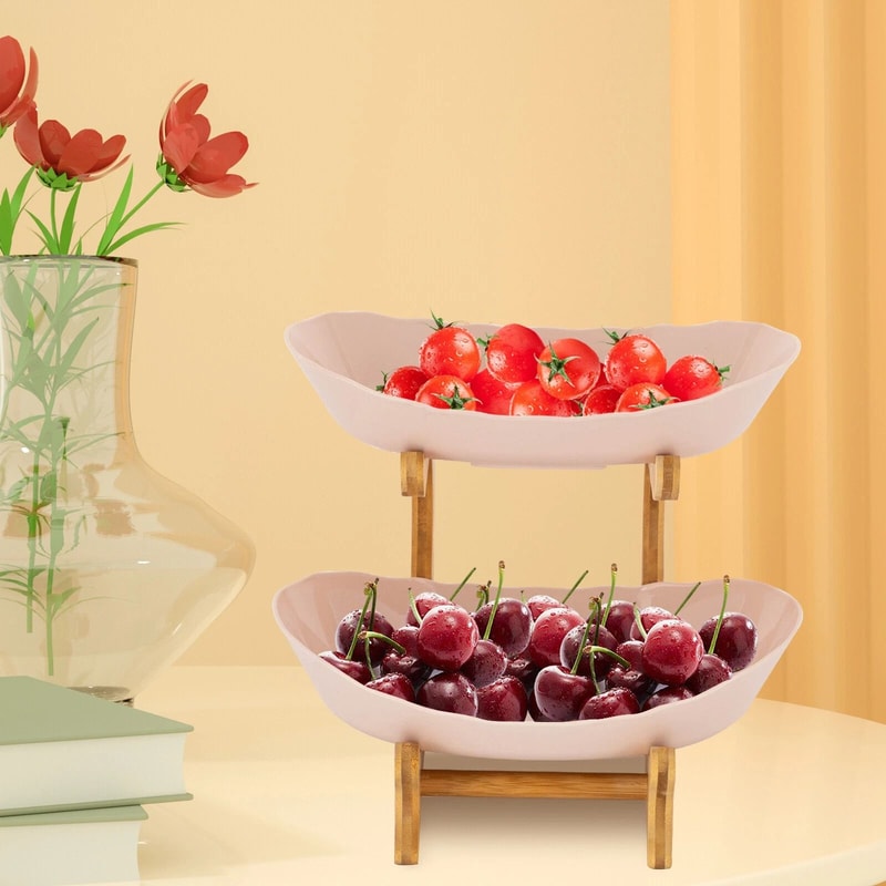 Modern 2 Tier Bamboo Fruit Bowl Stand With Removable PP Bowls Kitchen Counter Storage Fruit Basket 3