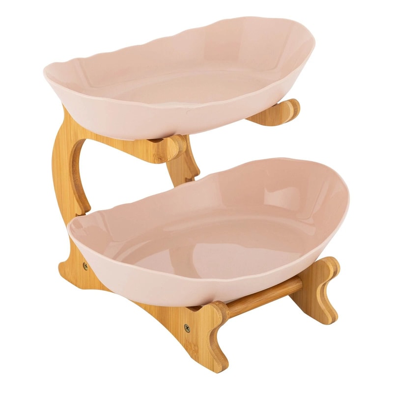 Modern 2 Tier Bamboo Fruit Bowl Stand With Removable PP Bowls Kitchen Counter Storage Fruit Basket 6