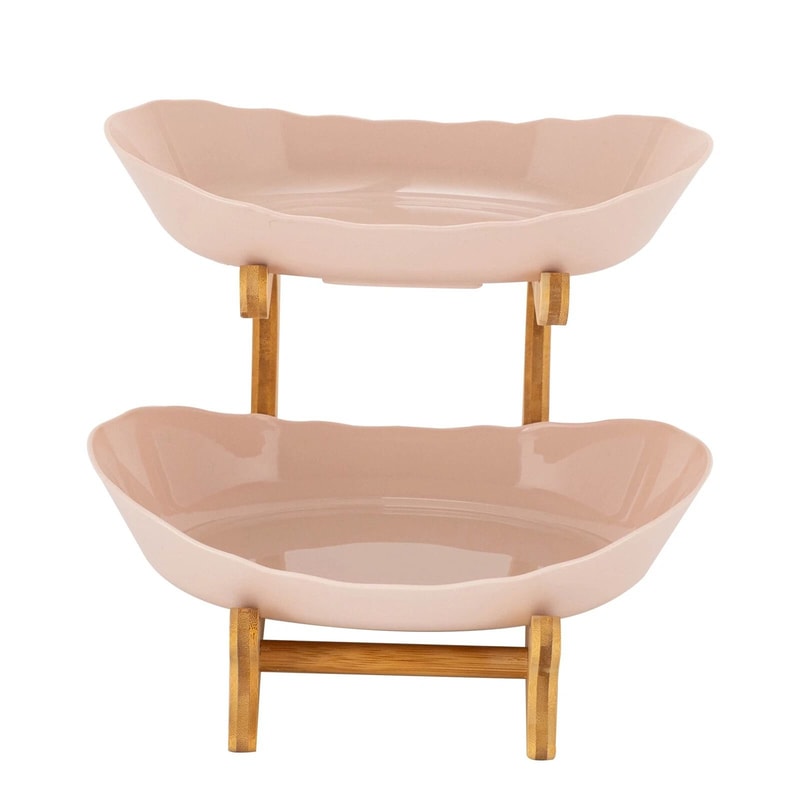 Modern 2 Tier Bamboo Fruit Bowl Stand With Removable PP Bowls Kitchen Counter Storage Fruit Basket 8