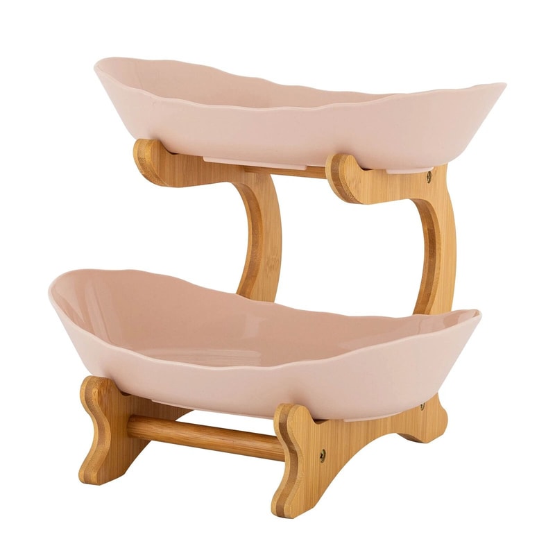 Modern 2 Tier Bamboo Fruit Bowl Stand With Removable PP Bowls Kitchen Counter Storage Fruit Basket 15