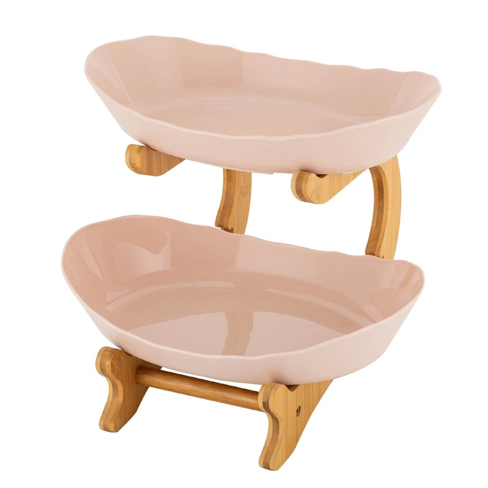 Modern 2 Tier Bamboo Fruit Bowl Stand With Removable PP Bowls Kitchen Counter Storage Fruit Basket 17