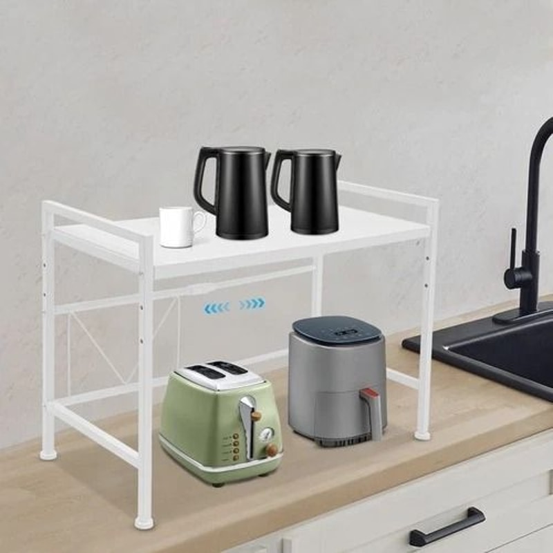 Adjustable Expandable 2 Tier Kitchen Microwave Rack Shelf With 3 Hooks 3