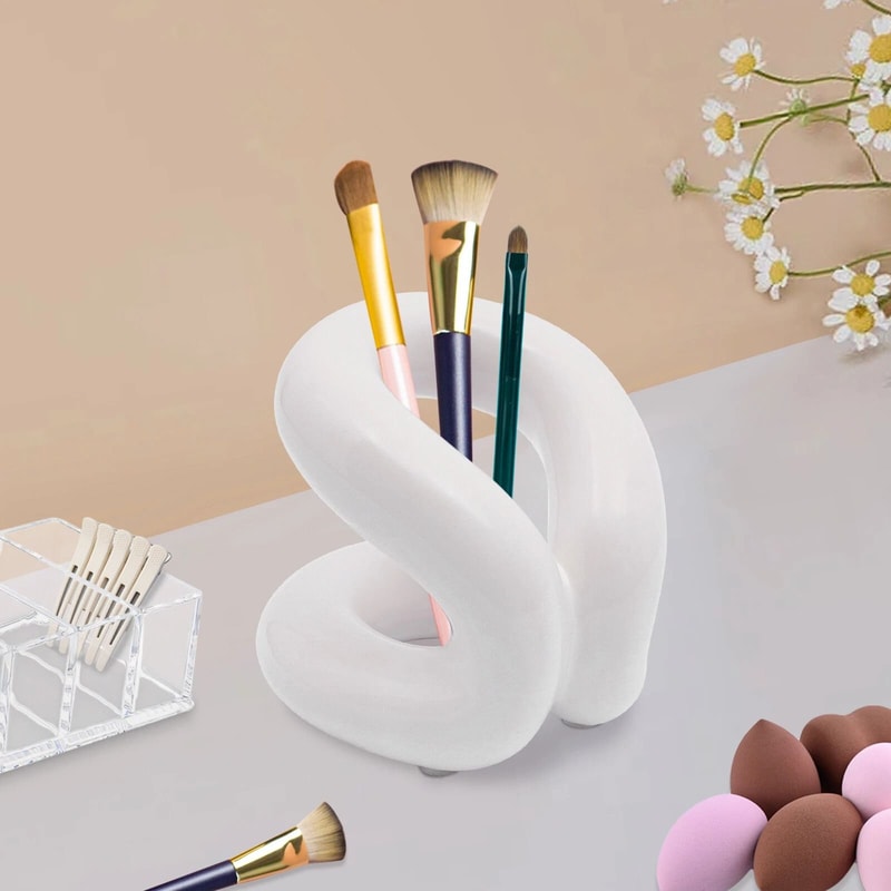 Creamy White Ceramic Toothbrush Makeup Brush Holder Modern Bathroom Organizer 1