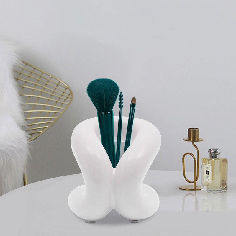 Creamy White Ceramic Toothbrush Makeup Brush Holder Modern Bathroom Organizer 0