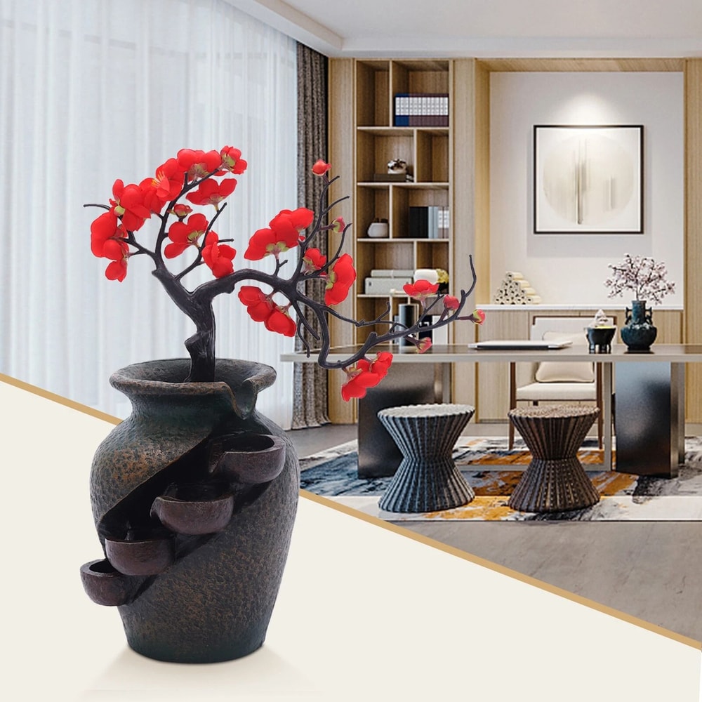 Indoor Feng Shui Water Fountain Flower Vase Tabletop Decor 9