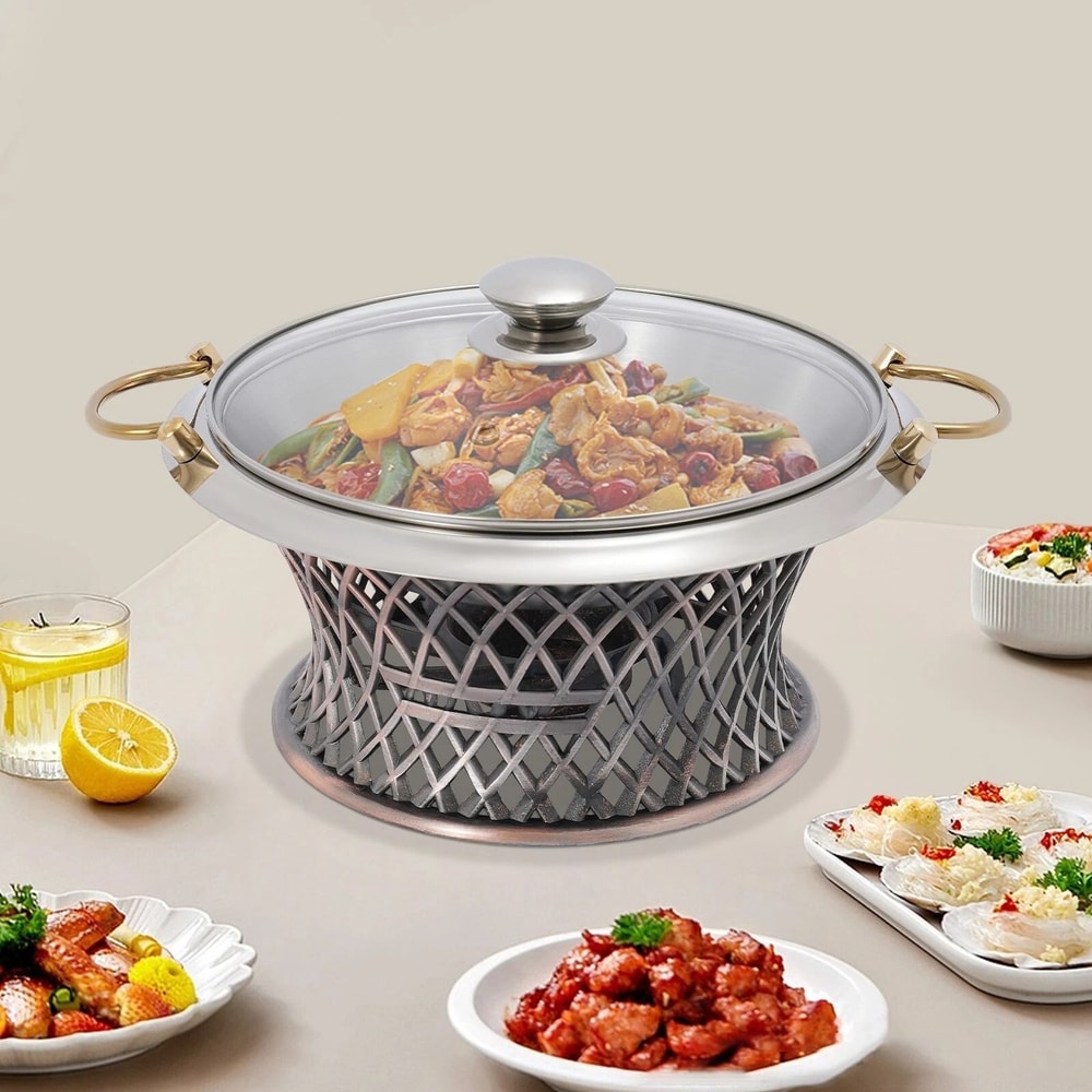 Elegant Round Chafing Dish Buffet Server Stainless Steel Food Warmer With Glass Lid Fuel Holder 14