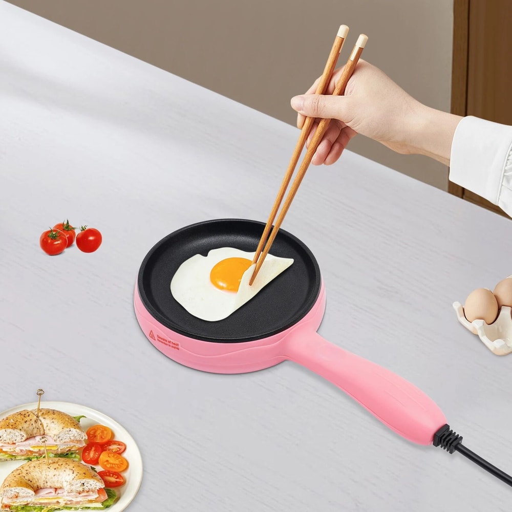 Premium Pink Compact Electric Skillet Non Stick Mini Frying Pan With Wooden Spatula 1