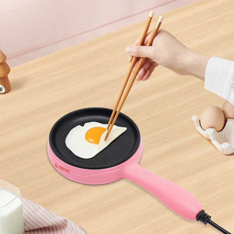 Premium Pink Compact Electric Skillet Non Stick Mini Frying Pan With Wooden Spatula 3