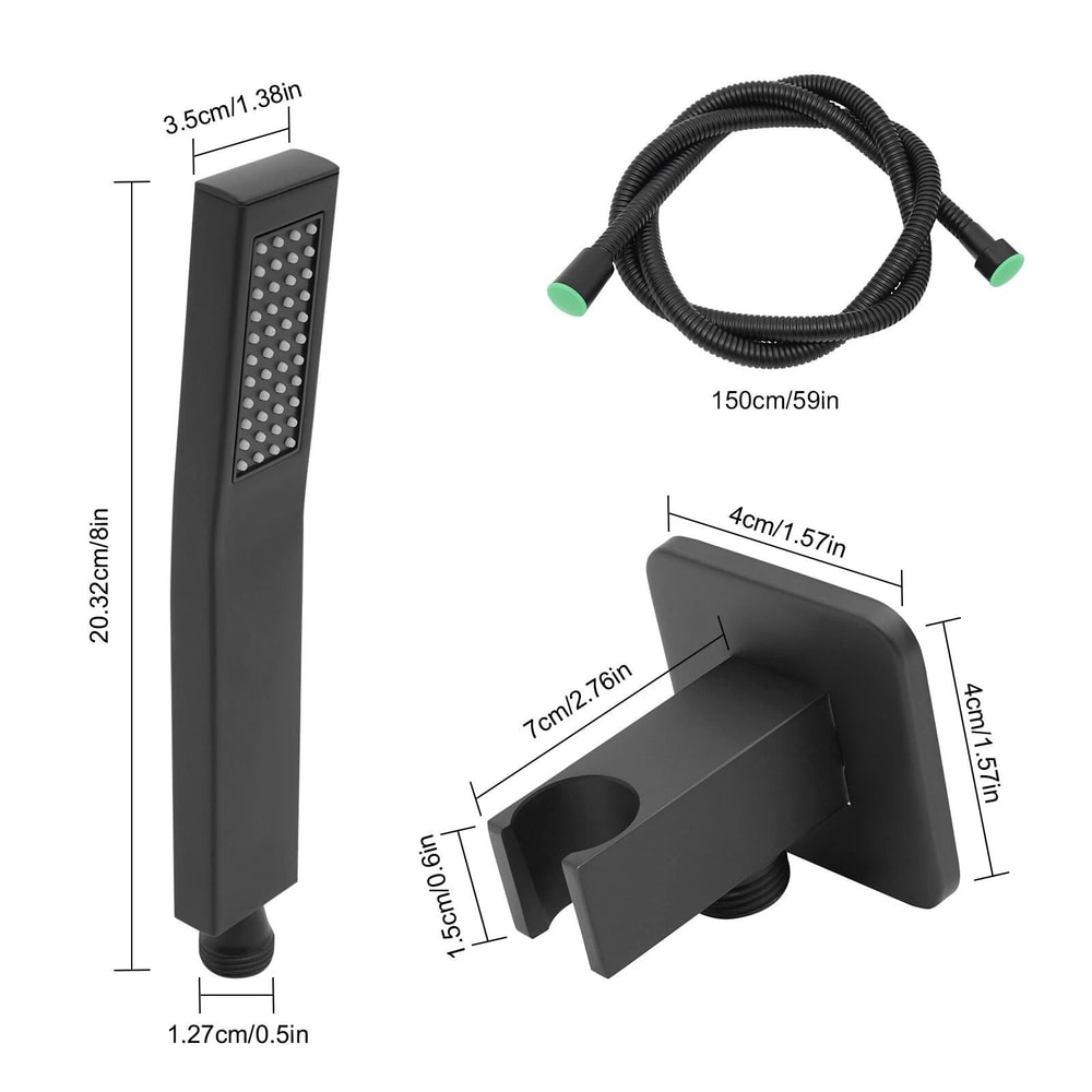 Premium Matte Black Square Handheld Shower Head With Hose Wall Mount 13