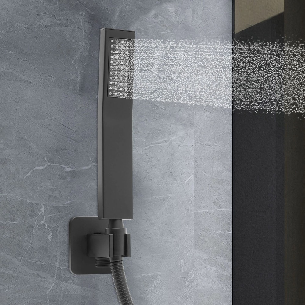 Premium Matte Black Square Handheld Shower Head With Hose Wall Mount 0