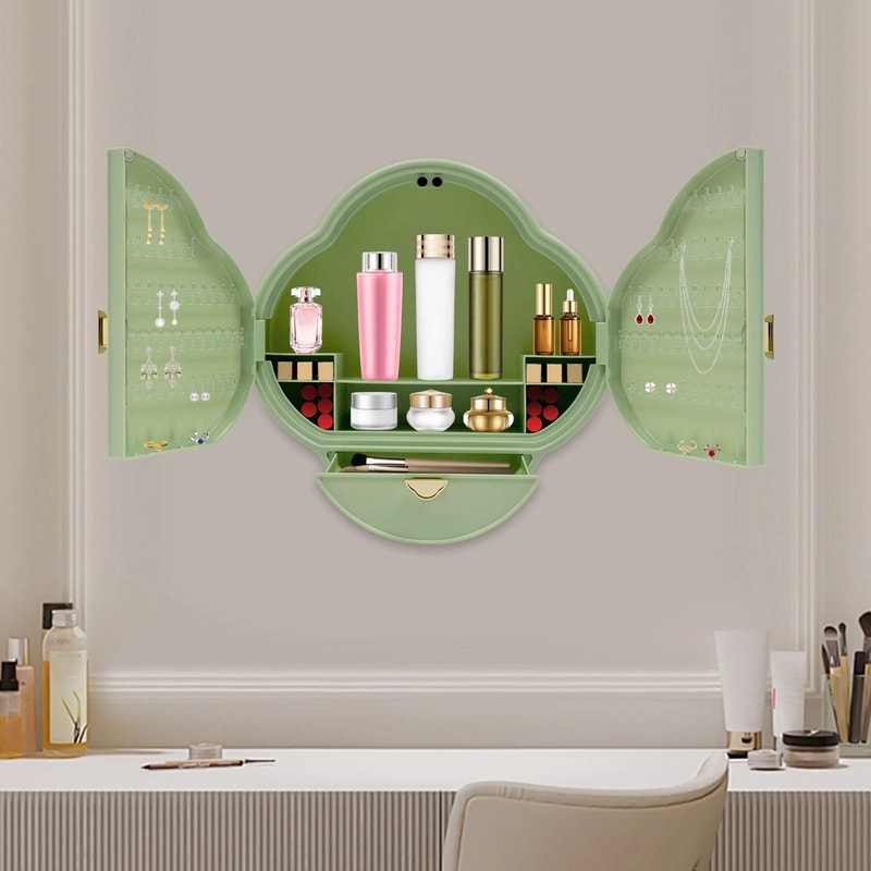 Premium Wall Mounted Bathroom Organizer Cosmetic Storage With Jewelry Rack Elegant Space Saving So 11