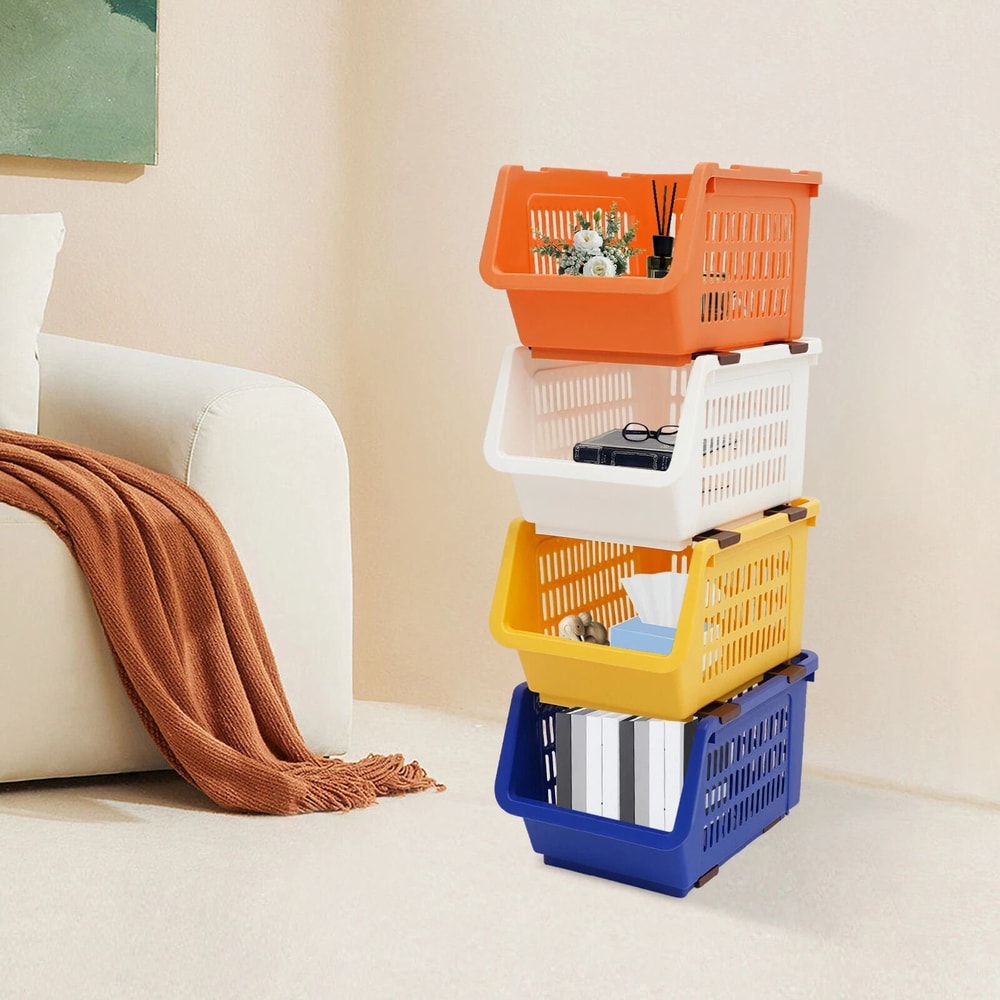 Premium Stackable Storage Baskets Space Saving Plastic Organizer Bins 0