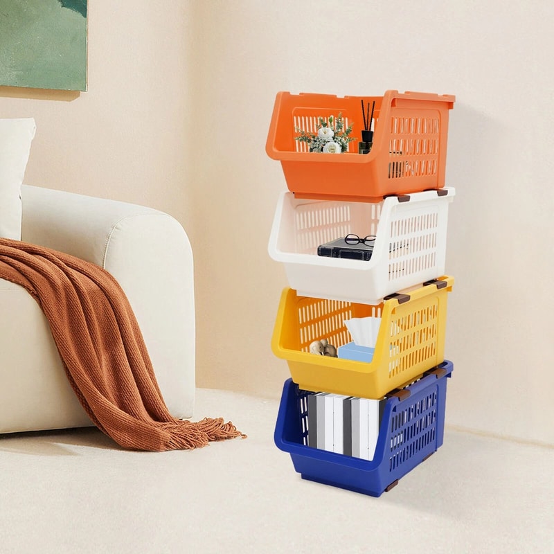 Premium Stackable Storage Baskets Space Saving Plastic Organizer Bins 0