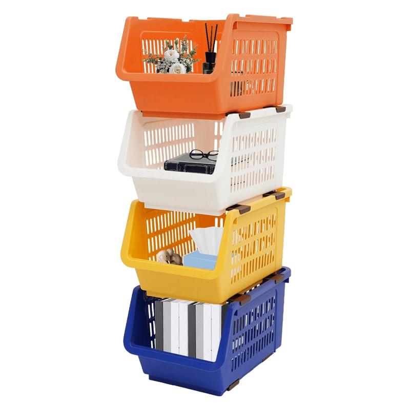 Premium Stackable Storage Baskets Space Saving Plastic Organizer Bins 9