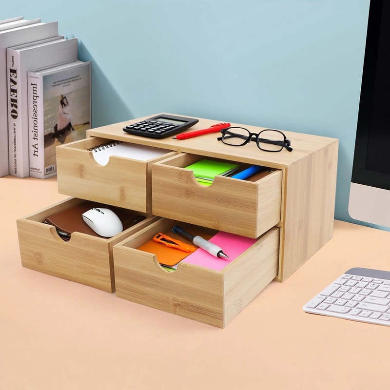 4 Drawer Bamboo Desk Organizer For Office Supplies And Desktop Storage 1