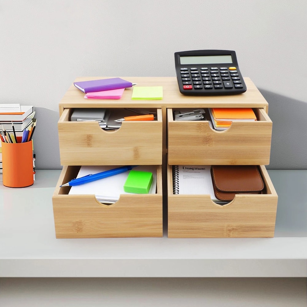 4 Drawer Bamboo Desk Organizer For Office Supplies And Desktop Storage 2