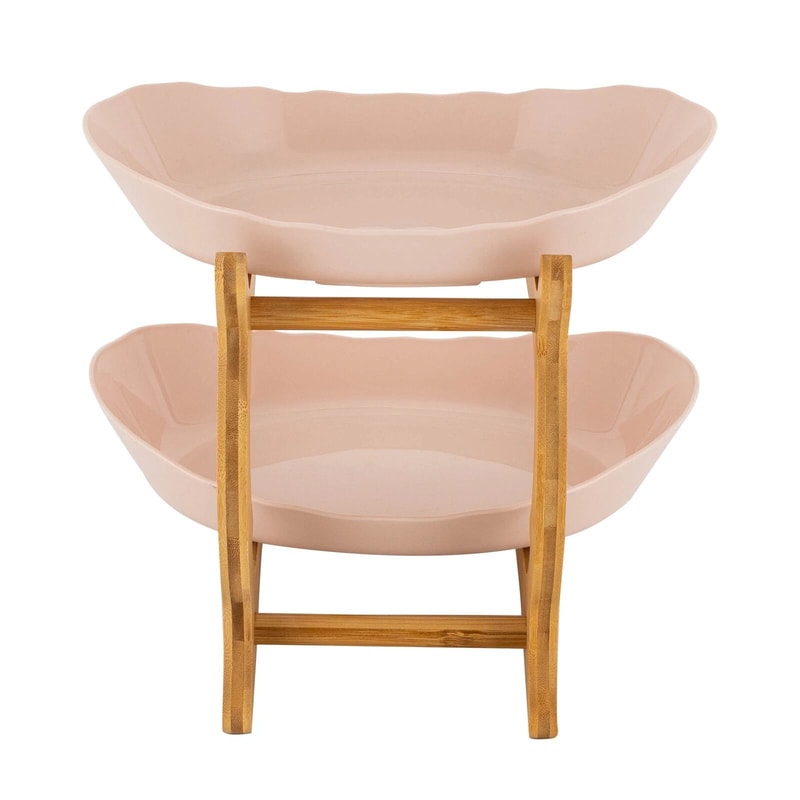 2 Tier Fruit Bowl Stand With Bamboo Frame For Kitchen Counter And Party Serving 12