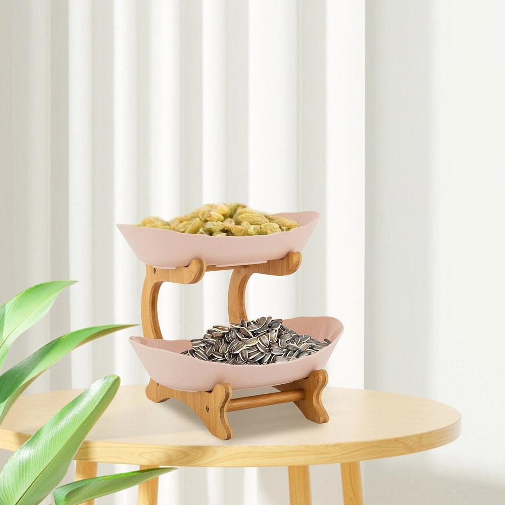 2 Tier Fruit Bowl Stand With Bamboo Frame For Kitchen Counter And Party Serving 2