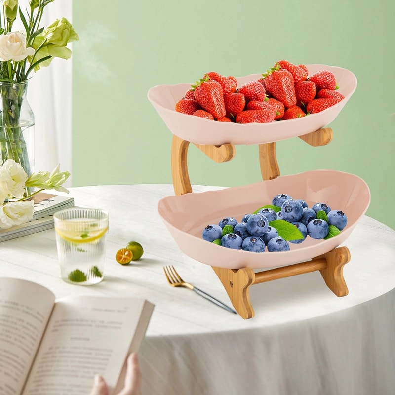 2 Tier Fruit Bowl Stand With Bamboo Frame For Kitchen Counter And Party Serving 3