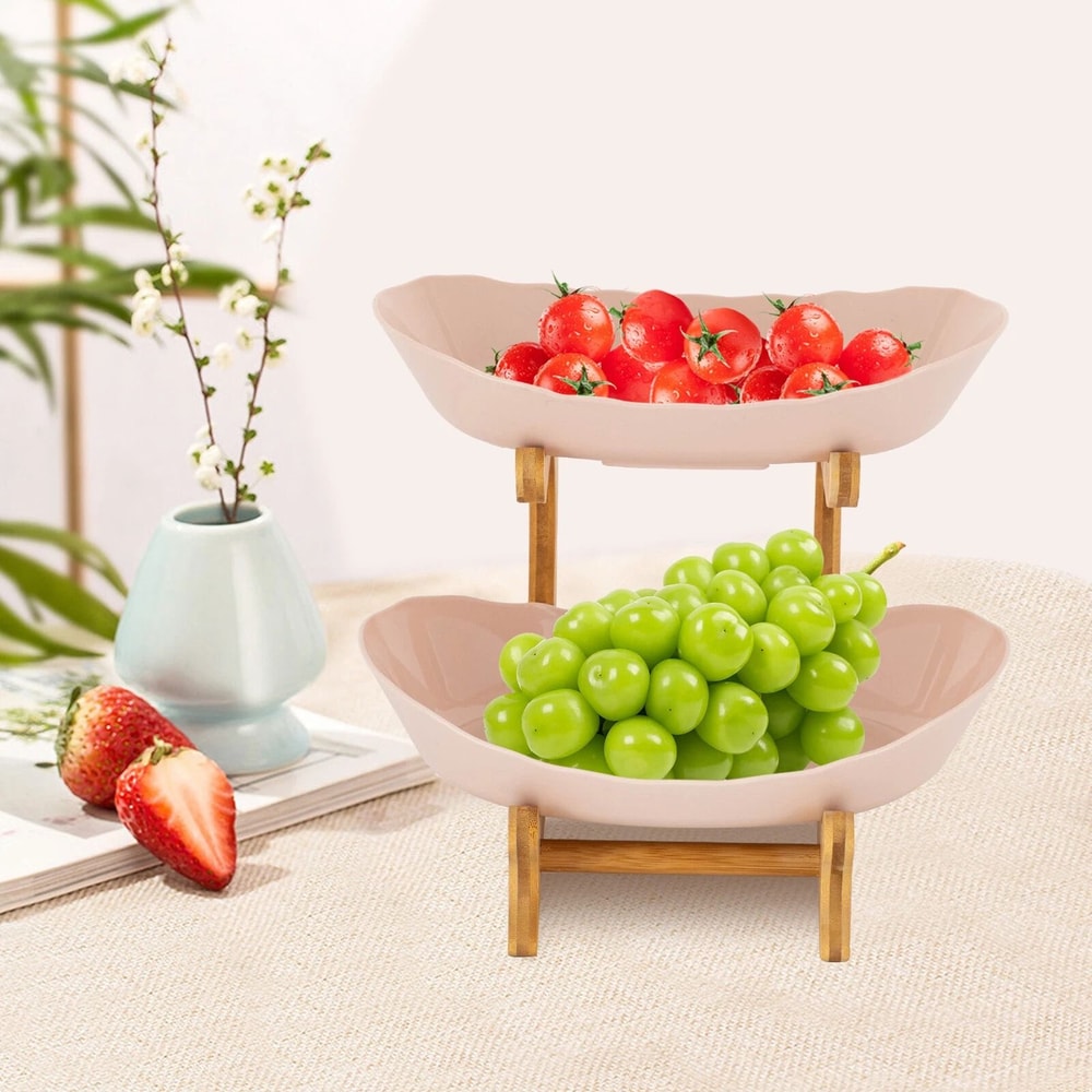 2 Tier Fruit Bowl Stand With Bamboo Frame For Kitchen Counter And Party Serving 7
