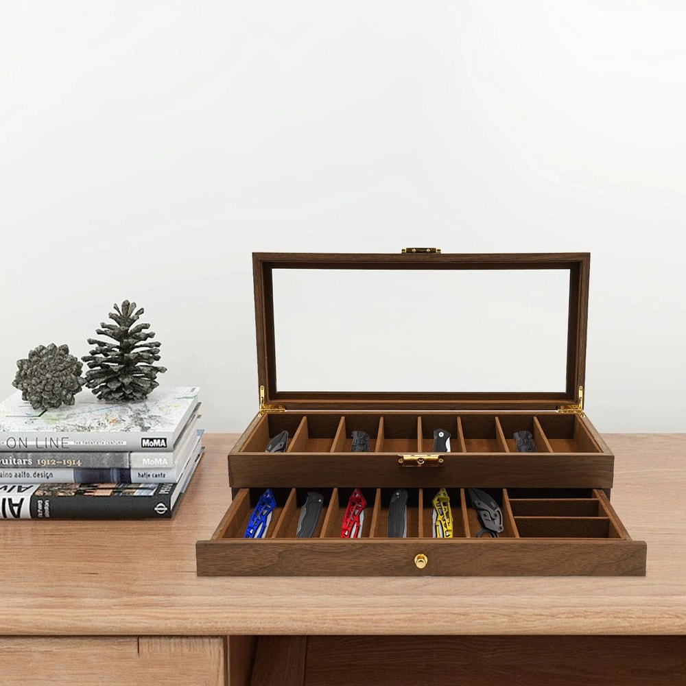 2 Tier Knife Display Case With Lock Glass Lid Knife Storage Box For Collectors 0
