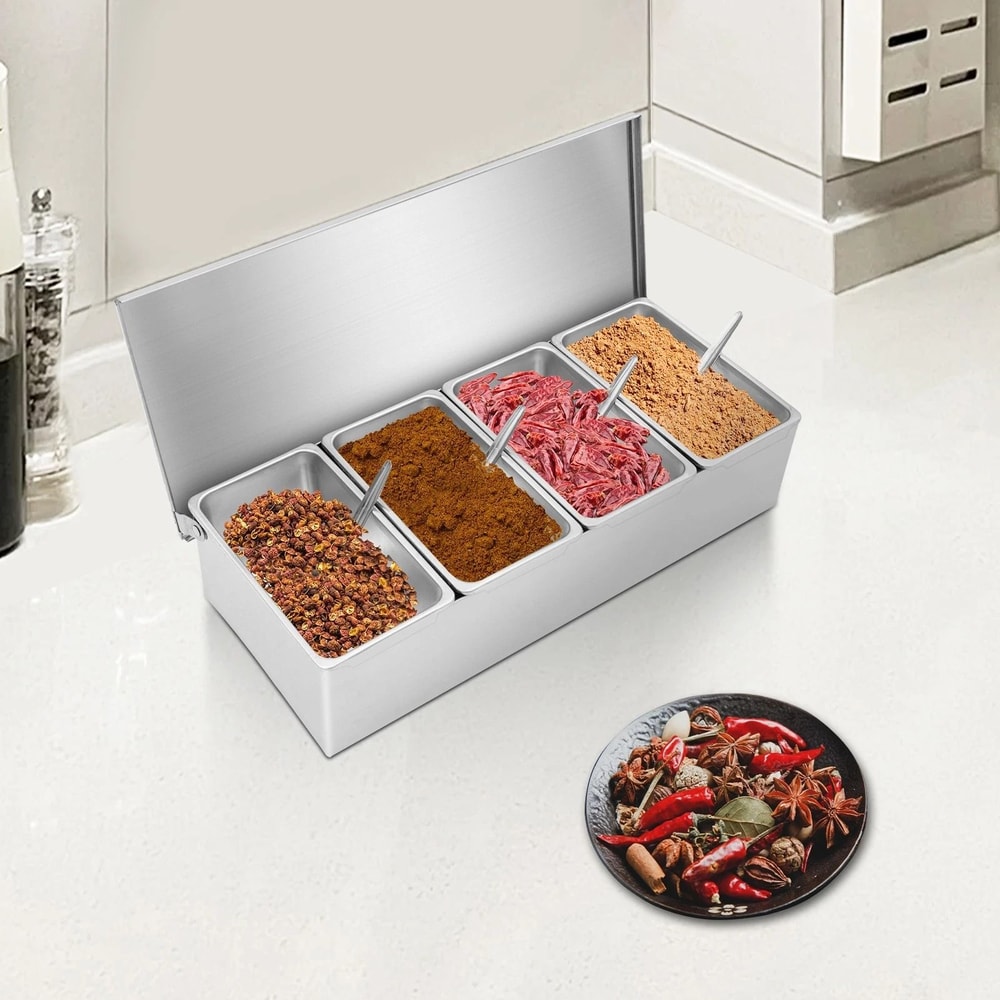 4 Slot Stainless Steel Condiment Organizer For Countertop Sauce And Spice Storage 10