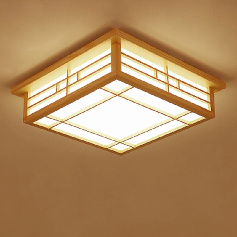 Japanese Ceiling Light Wood Square Tatami LED Fixture With Remote 10