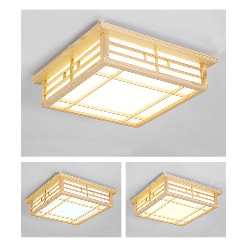 Japanese Ceiling Light Wood Square Tatami LED Fixture With Remote 3