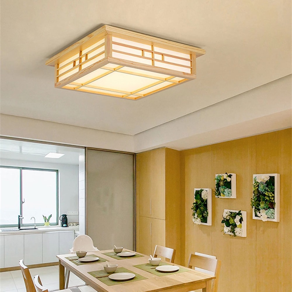 Japanese Ceiling Light Wood Square Tatami LED Fixture With Remote 7