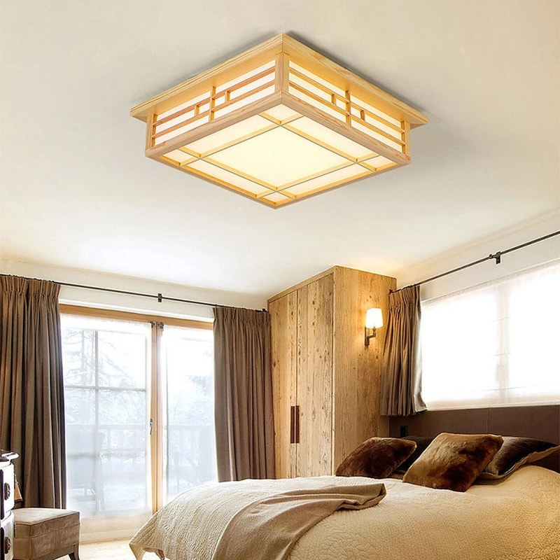 Japanese Ceiling Light Wood Square Tatami LED Fixture With Remote 8