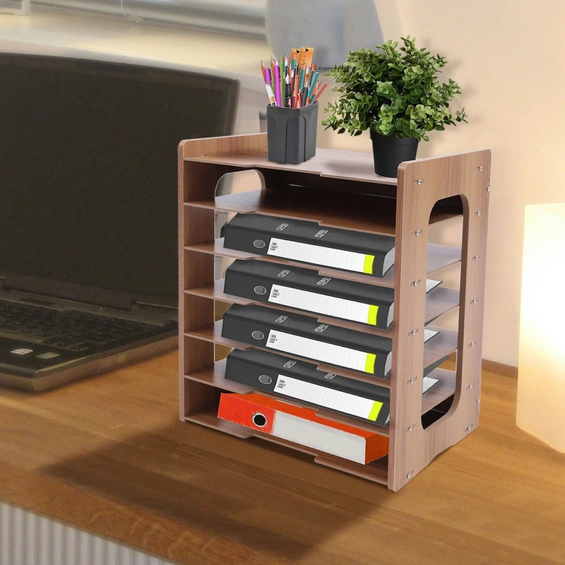7 Tier Desk File Organizer Wooden A4 Letter Tray For Office Document Storage 9