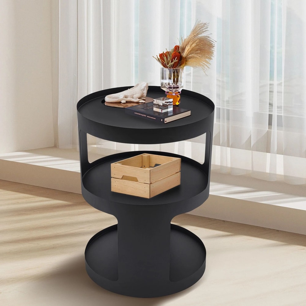 Modern 2 Tier Round Side Table Black Nightstand For Sofa And Bedroom Storage 1