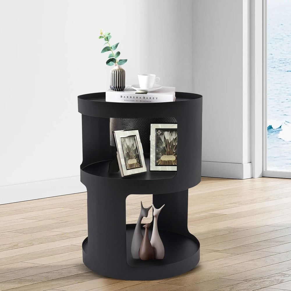 Modern 2 Tier Round Side Table Black Nightstand For Sofa And Bedroom Storage 3
