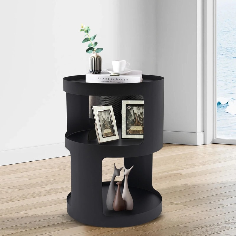 Modern 2 Tier Round Side Table Black Nightstand For Sofa And Bedroom Storage 3