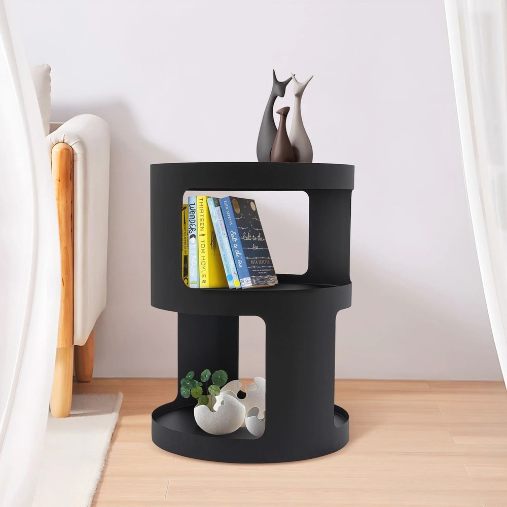 Modern 2 Tier Round Side Table Black Nightstand For Sofa And Bedroom Storage 4