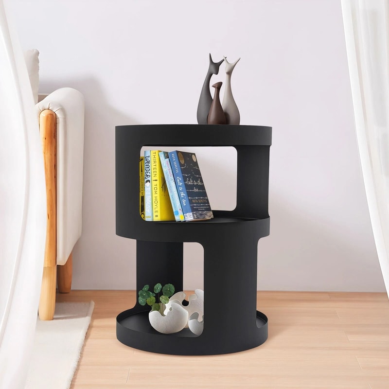 Modern 2 Tier Round Side Table Black Nightstand For Sofa And Bedroom Storage 4