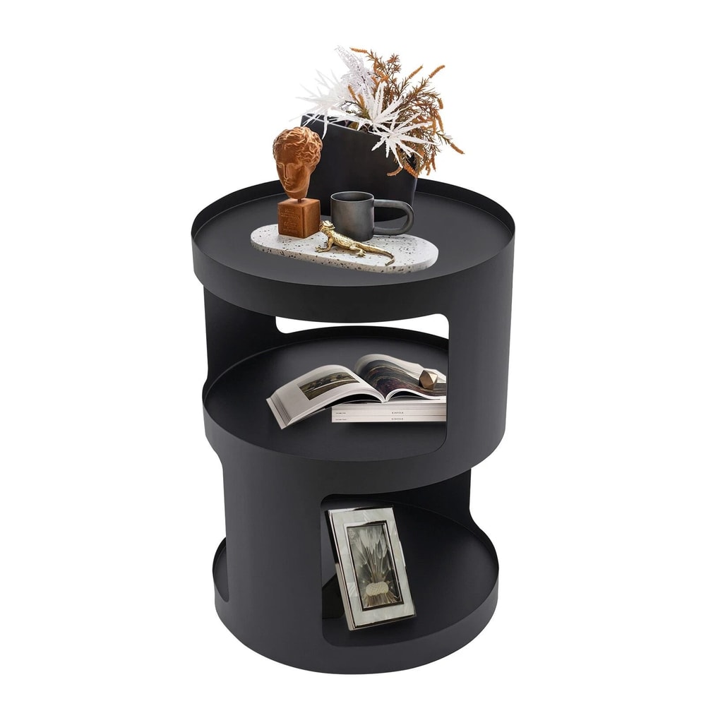 Modern 2 Tier Round Side Table Black Nightstand For Sofa And Bedroom Storage 16
