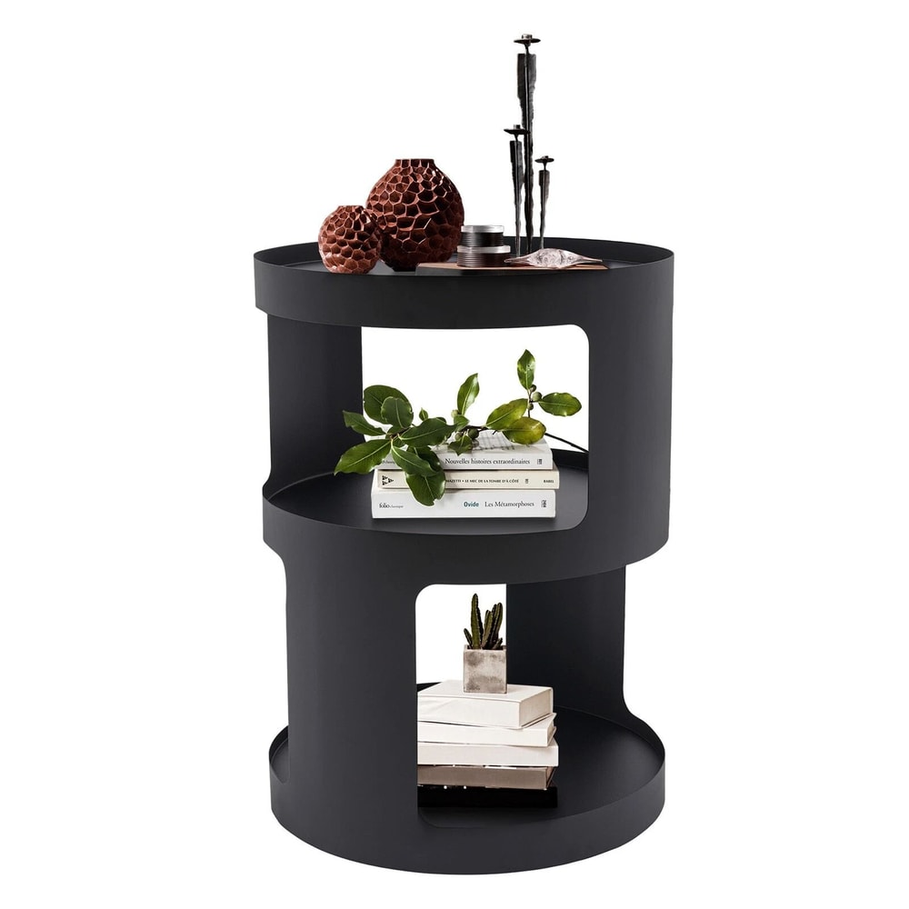 Modern 2 Tier Round Side Table Black Nightstand For Sofa And Bedroom Storage 17